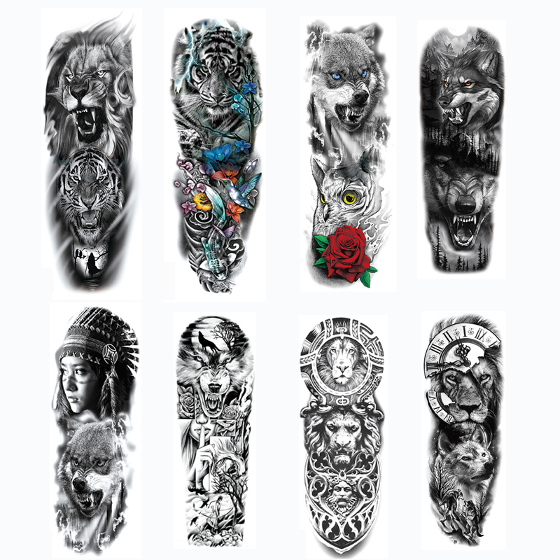 Temporary Tattoos for Man Large Size Arm Sleeve Tattoo Sticker Body Art Fake Tattoo for Women Black Forest Tatoo Wolf