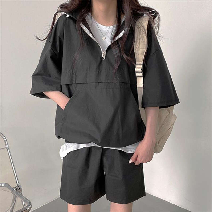 5 Colors Korean Style Solid Color Casual Short Sleeve Shorts Hoodie Set For Women Summer New Fashion Sportswear B5
