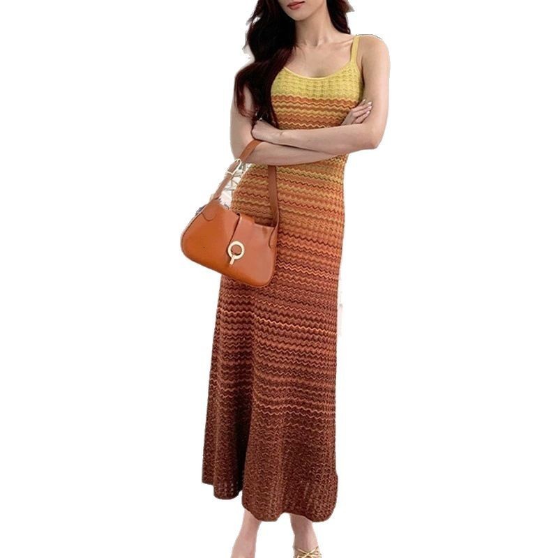French gradient striped knitted dress sleeveless camisole skirt slim fit waist slimming fur dress 250327