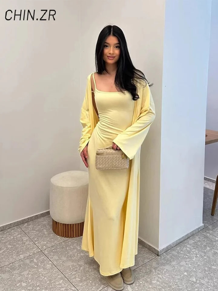 2 Piece Set Women Slim Sleeveless Dresses Casual Long Sling Dress Cardigan Solid Full Sleeve Cardigans Summer Lady Outfit 250709