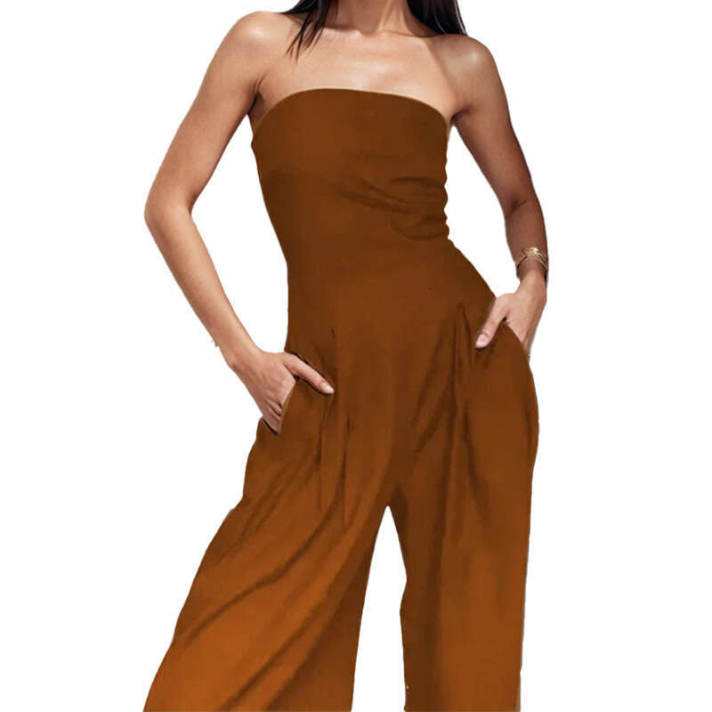 Summer New Women's Fashion Elegant Casual Solid Color Round Neck Slim Straight Jumpsuit B5