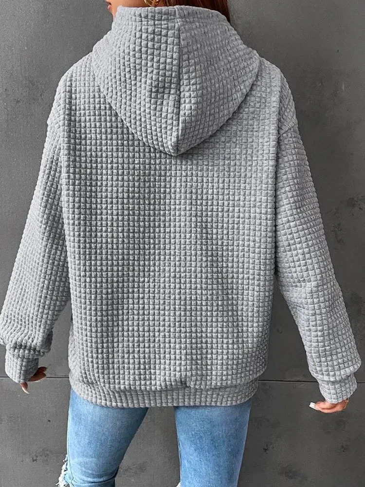 Women Oversized Waffle Sweatshirts Autumn Winter Female Tie Collar Hoodie Pullover Pocket Hooded Coats LRFZ6633 250709