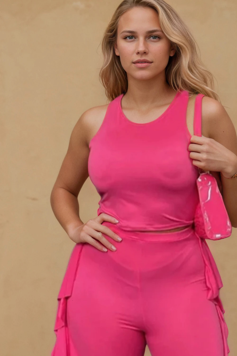 Plus Size Women Twopiece Set Clothing Summer Solid Color Tank Top Ruffle Pants Lady Vest Trousers Casual Trendy Suit 250709