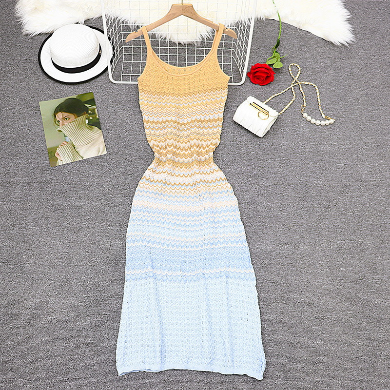 French gradient striped knitted dress sleeveless camisole skirt slim fit waist slimming fur dress 250327