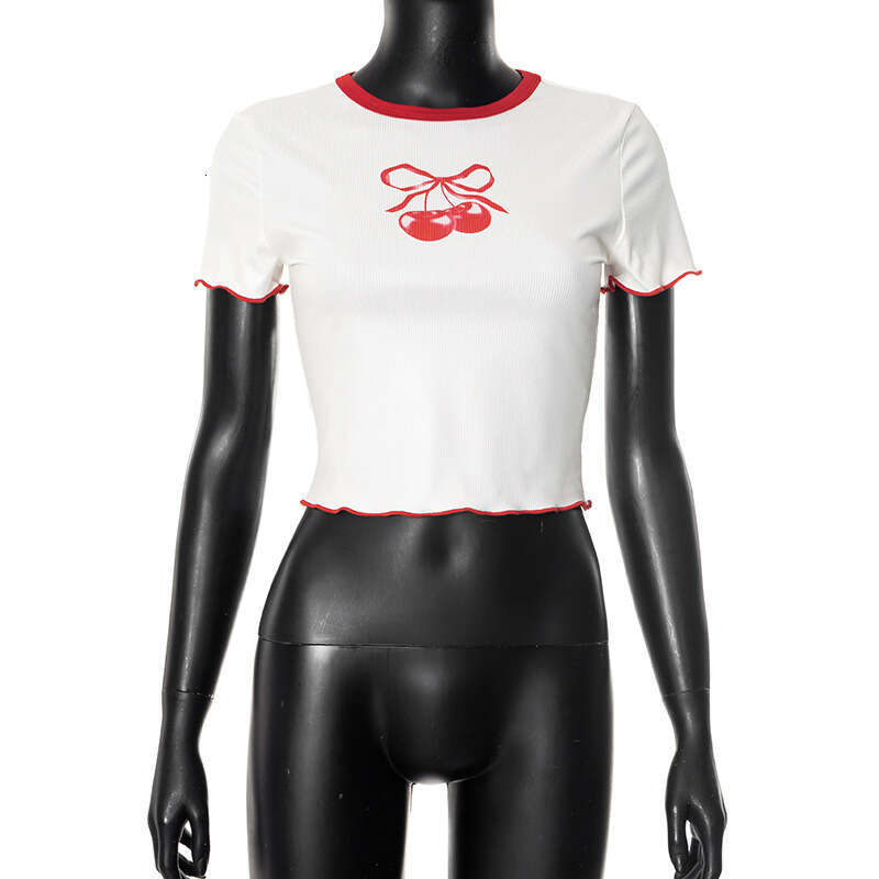 Women's Spring Summer Hot Girl Style Round Neck Cherry Print Color-Block Crop Top B5