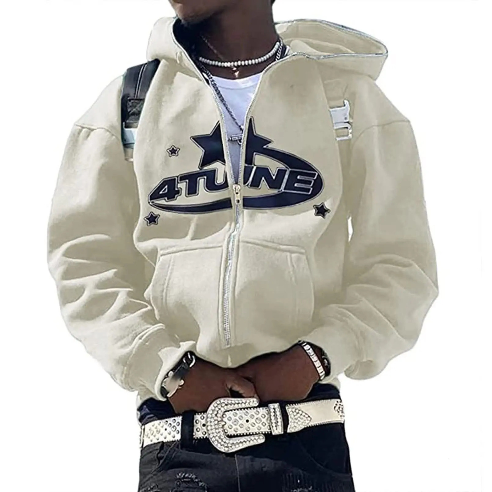 4tune Full Zip Hoodie Hip Hop Fashion Men Loose Hoodie Streetwear Retro Trend Letter Print Zipper Sweatshirt Women Oversize Tops 250707