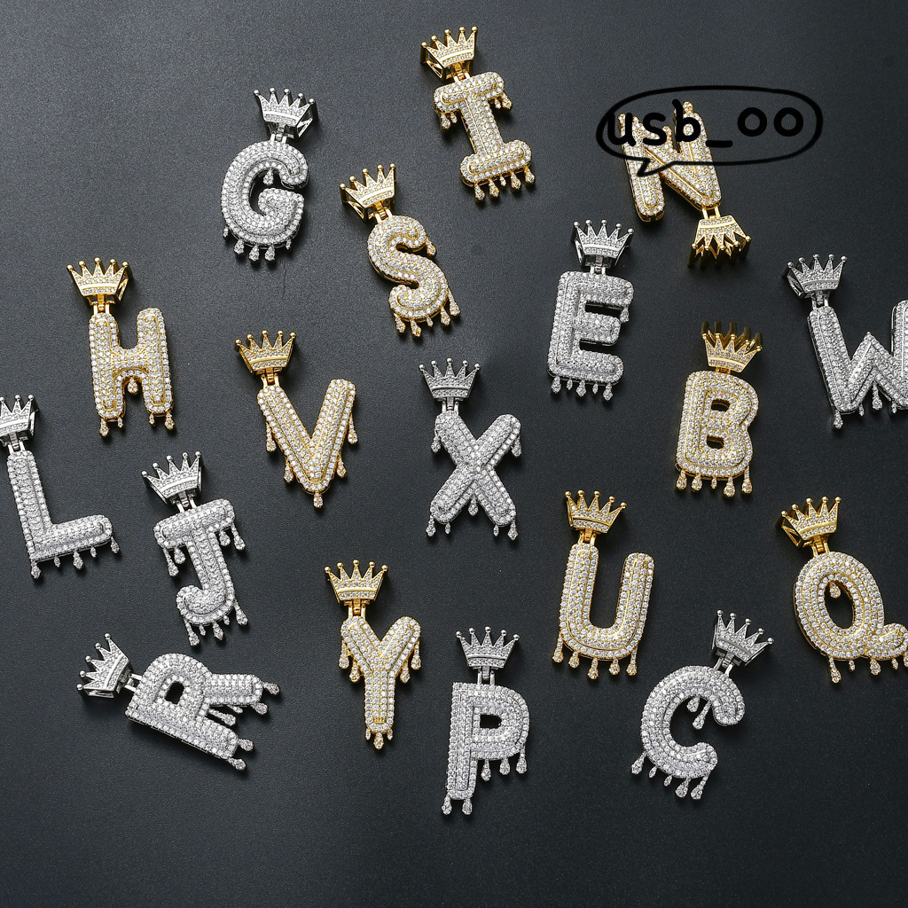 Pendant Crown Water Drop Letter Necklace Gold Plated Brass Moissanite Splicing Letter Name Necklace Custom Hiphop Pendant