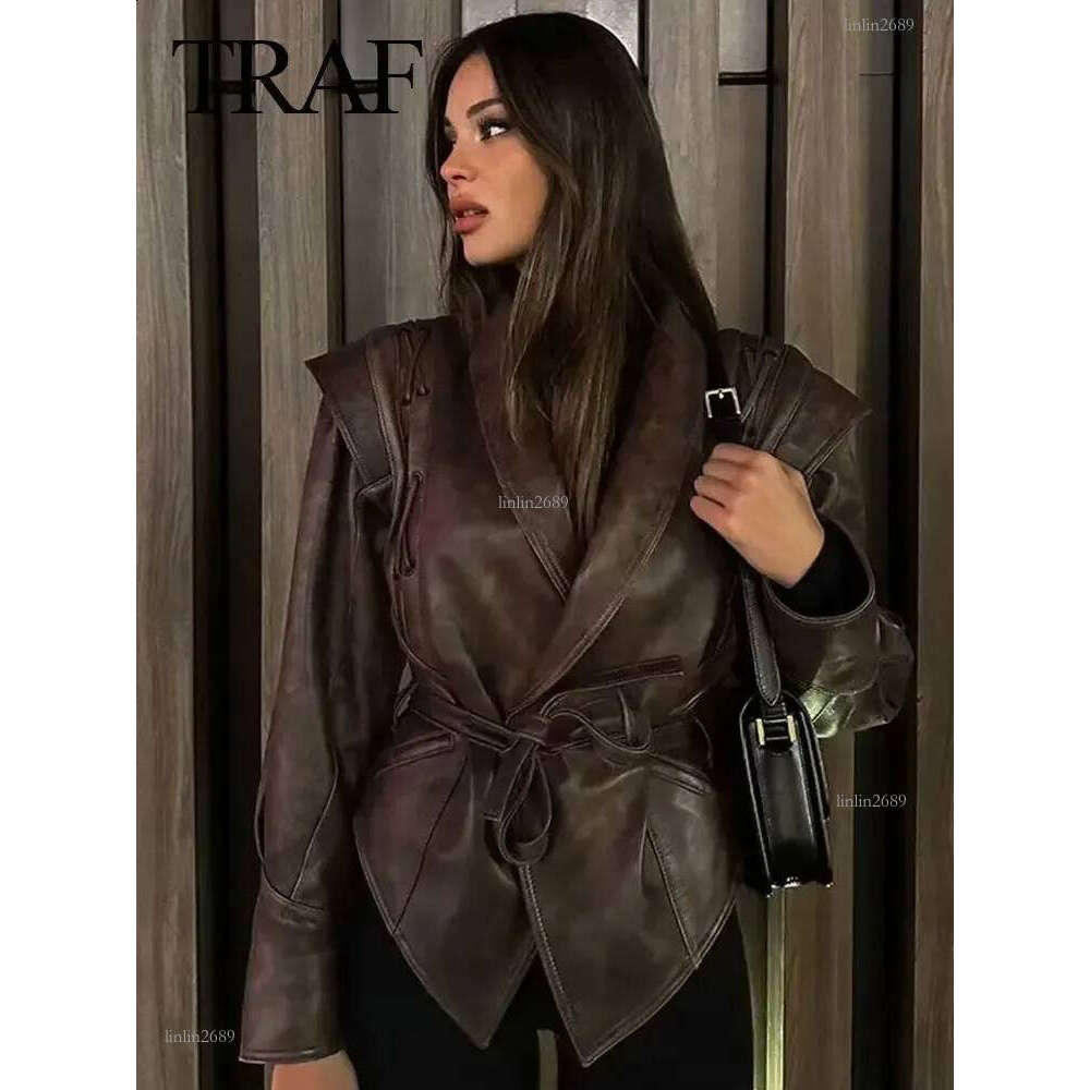 TRAF Female Street Leather Jacket Spring Womens Versatile Brown Long Sleeves V-neck Single Breasted Lace-up Causal Coats 240823