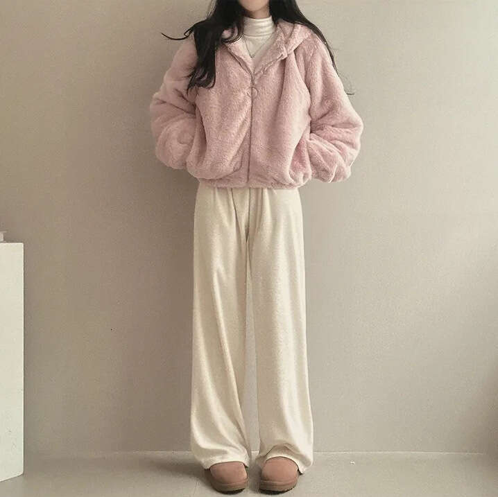 New Korean Autumn Winter French Niche Zipper Hooded Warm Casual Sports Long Plush Jacket For Women B5