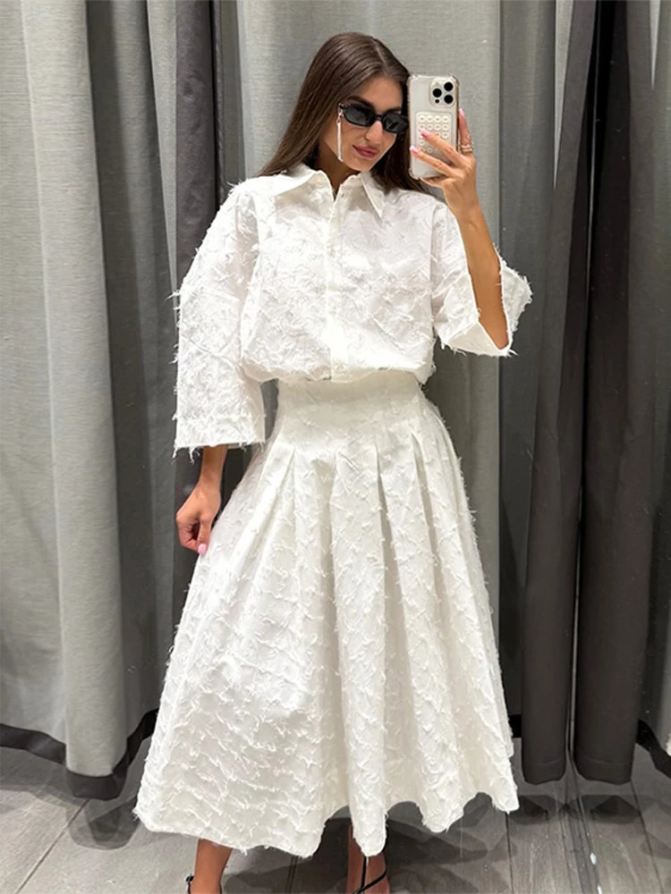 Summer Street Lady Sets Elegant Shirt Skirt Set for Women with Lapel Long Sleeve Loose Tshirt and High Waist Pleated Skirts 250709