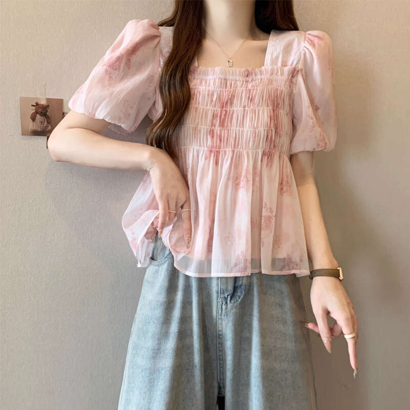 French Style Square Neck Floral Short Sleeve Shirt Women, Summer Plus Size, Slimming, Ruched, Elegant Chiffon Blouse For Women B5