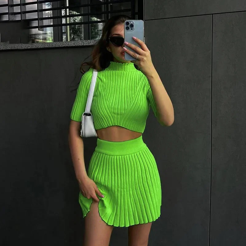 Knitted Skirt Two Piece Set Women Slim Short Sleeved Cropped Tops High Waist Sexy Mini Pleated Sets Fashion Elegant Party 250709