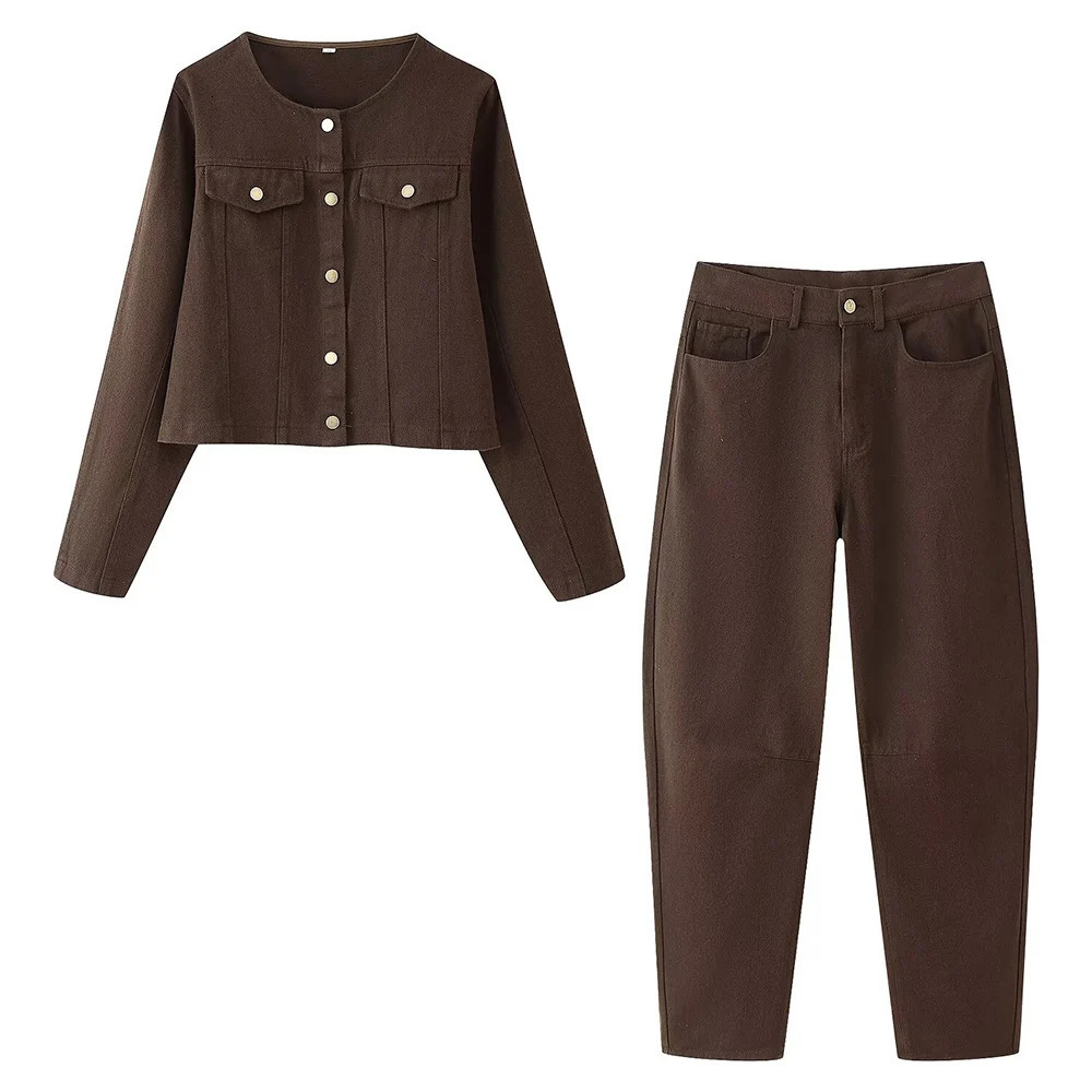 Womens Clothing European and American Fashion Brown Round Neck Long Sleeve Coat High Waist Pants Set 250709