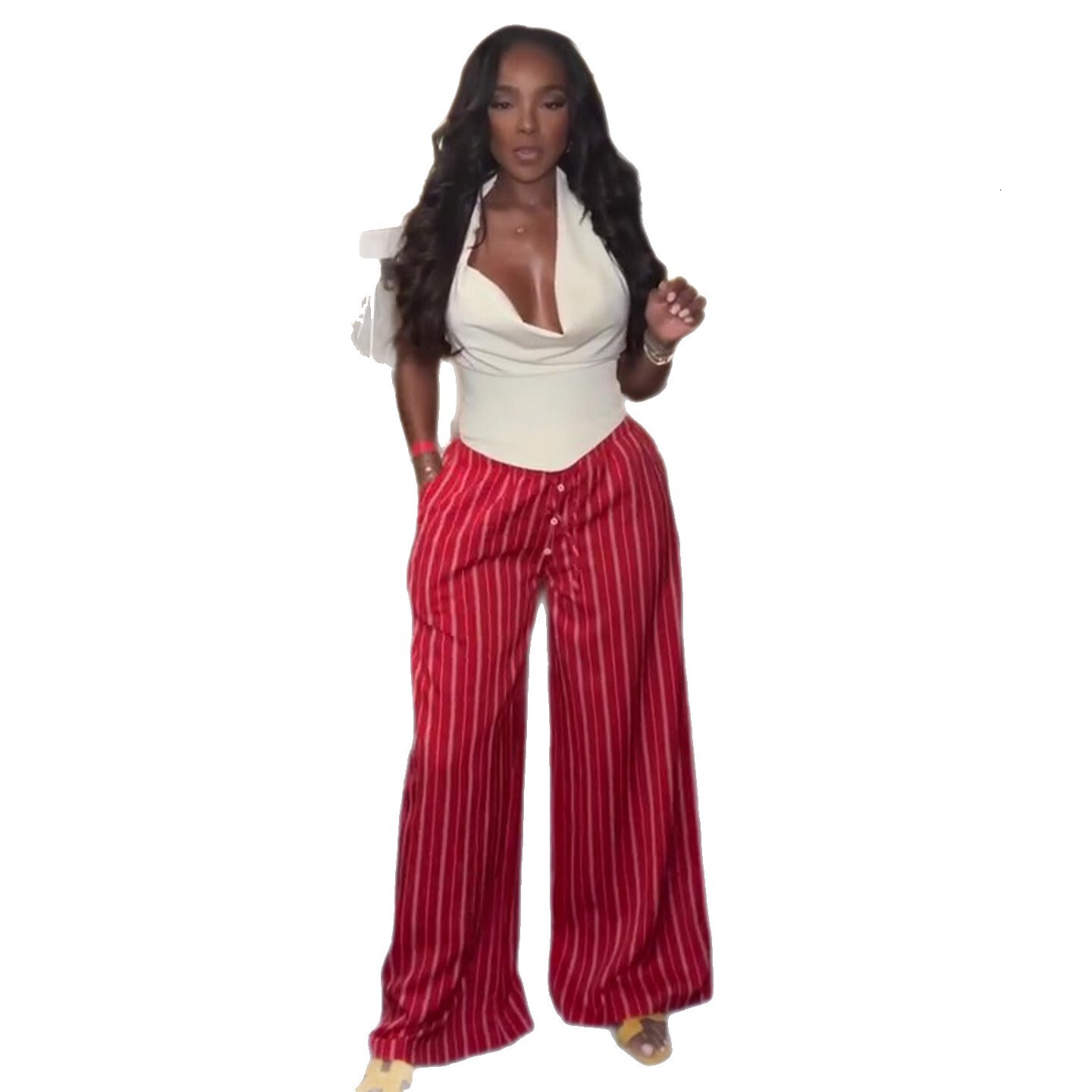 2025 Summer New Sexy Style White Halter Neck Backless High Waist Wide Leg Pants Set