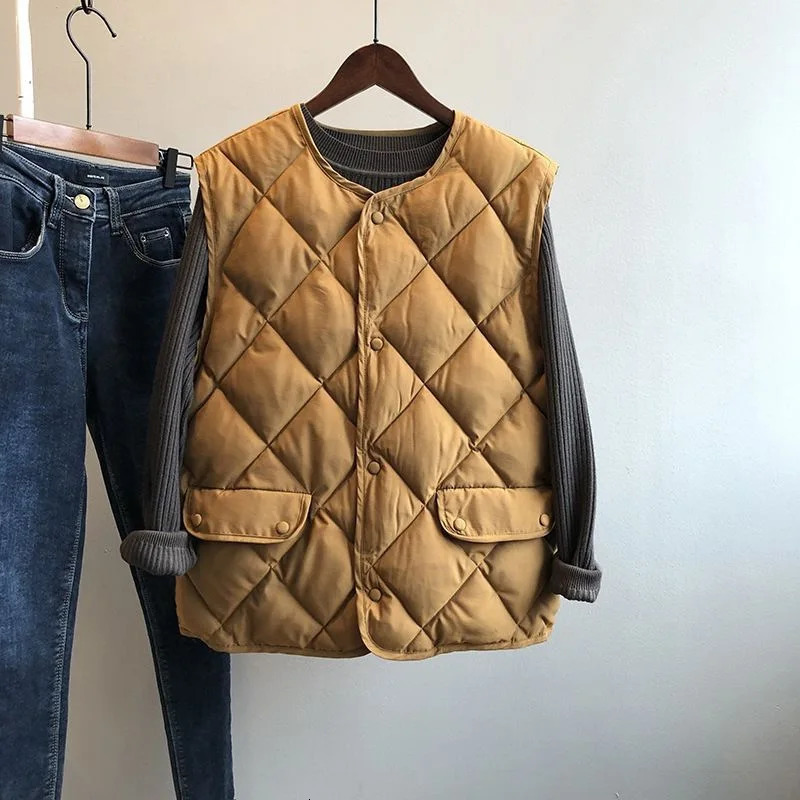 Women Autumn Winter Quilted Cotton Vest Sleeveless O-neck Loose Padded Waistvest Single Breasted Casual Ultralight Portable Vest 250709