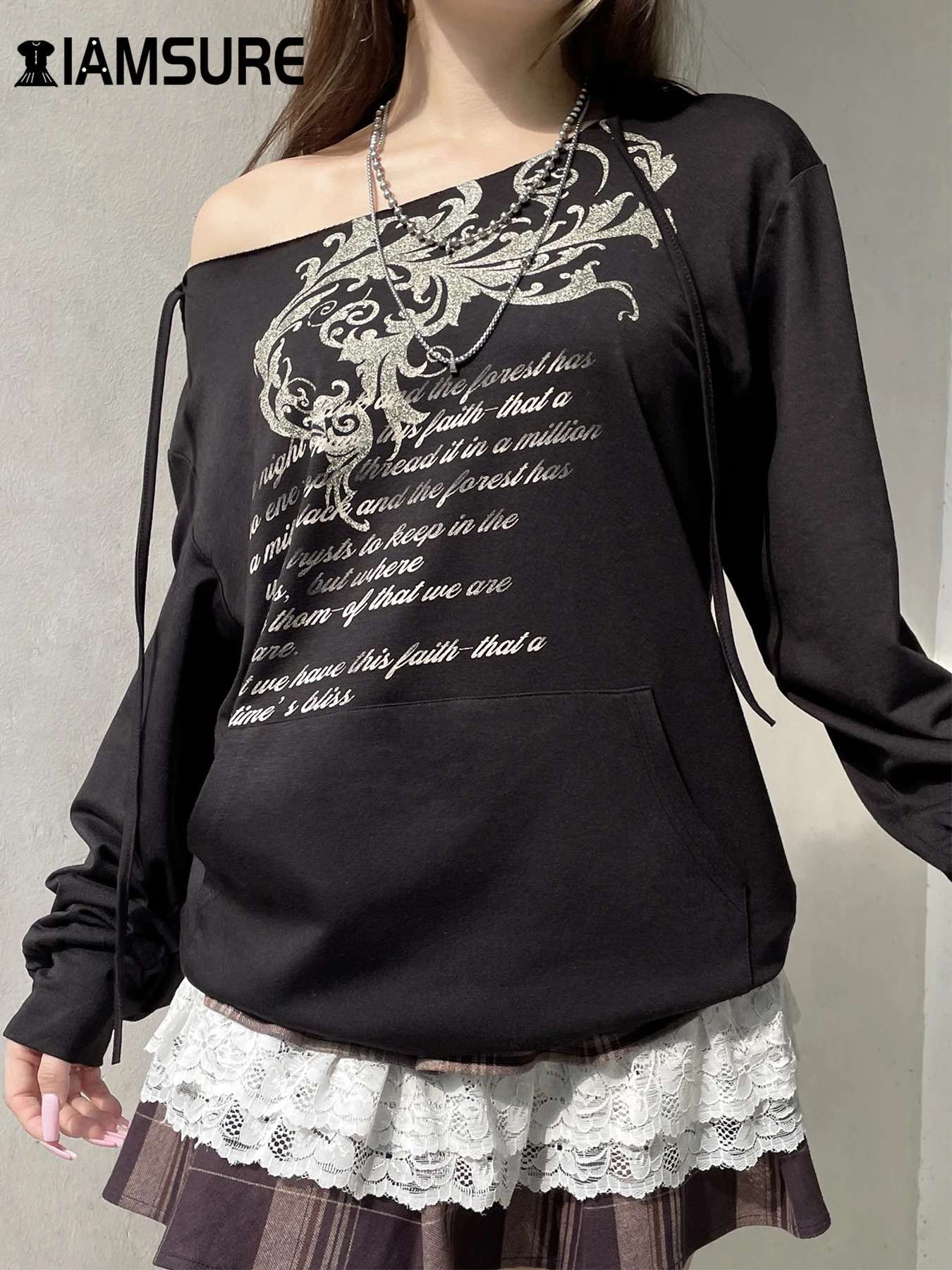 IAMSURE Casual Printed Bandage Hoodies Loose ONeck Long Sleeve Sweatshirt Women Autumn Winter Fashion Streetwear Ladies 250709