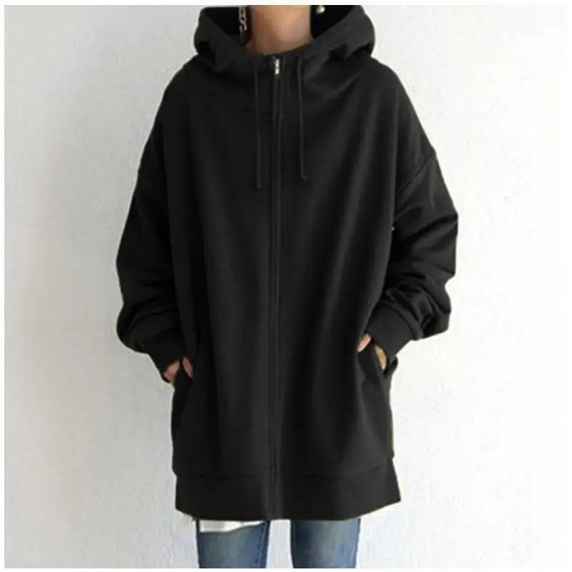 Oversized S5XL Women Loose Hooded Coats Autumn Female Tie Collar Long Sleeve Zipper Up Add Velvet XLong Sweatshirt JYFSHS0714 250709