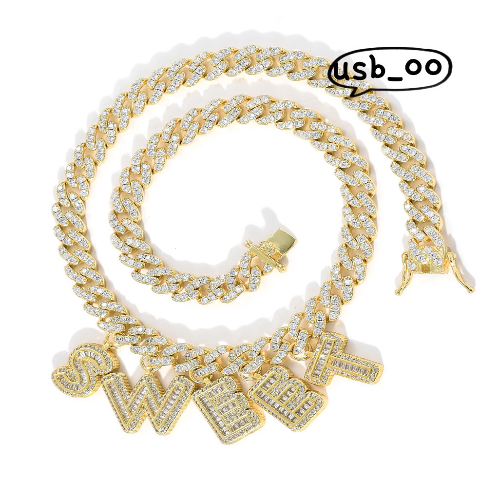 Pendant Icy Name Custom Letter Necklace Personalized 14k Gold Plated Baguette Moissanite Initial 9mm Miami Cuban Link Chain for Men