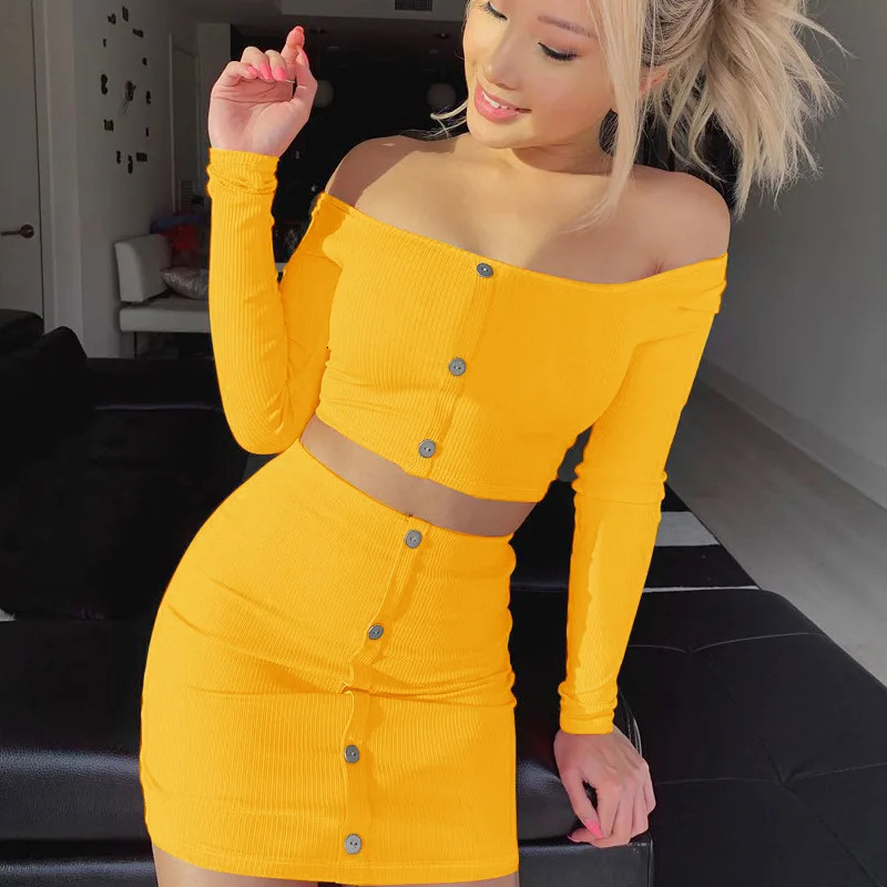 2Piece Knitted Ribbed Skirt Suit for Women Casual Long Sleeve Button Down Crop Tops and Short Wrap Matching Sets 250709