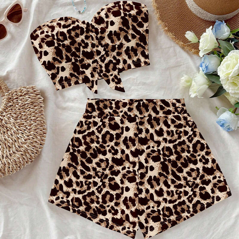 Summer Vacation Style Leopard Print Strapless Short Set Hot Girl Two-Piece Outfit For Women B5