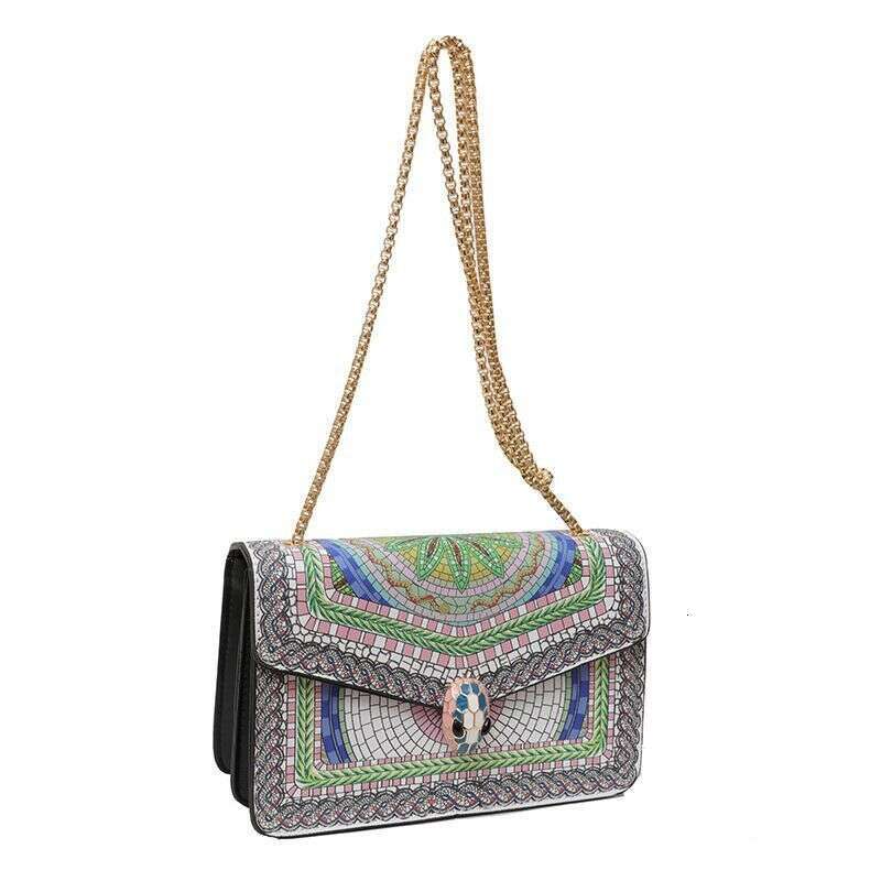 2025 New Color Block Print High-Quality Single Shoulder Korean Style Flap Trendy Chain Crossbody Bag Snake Head