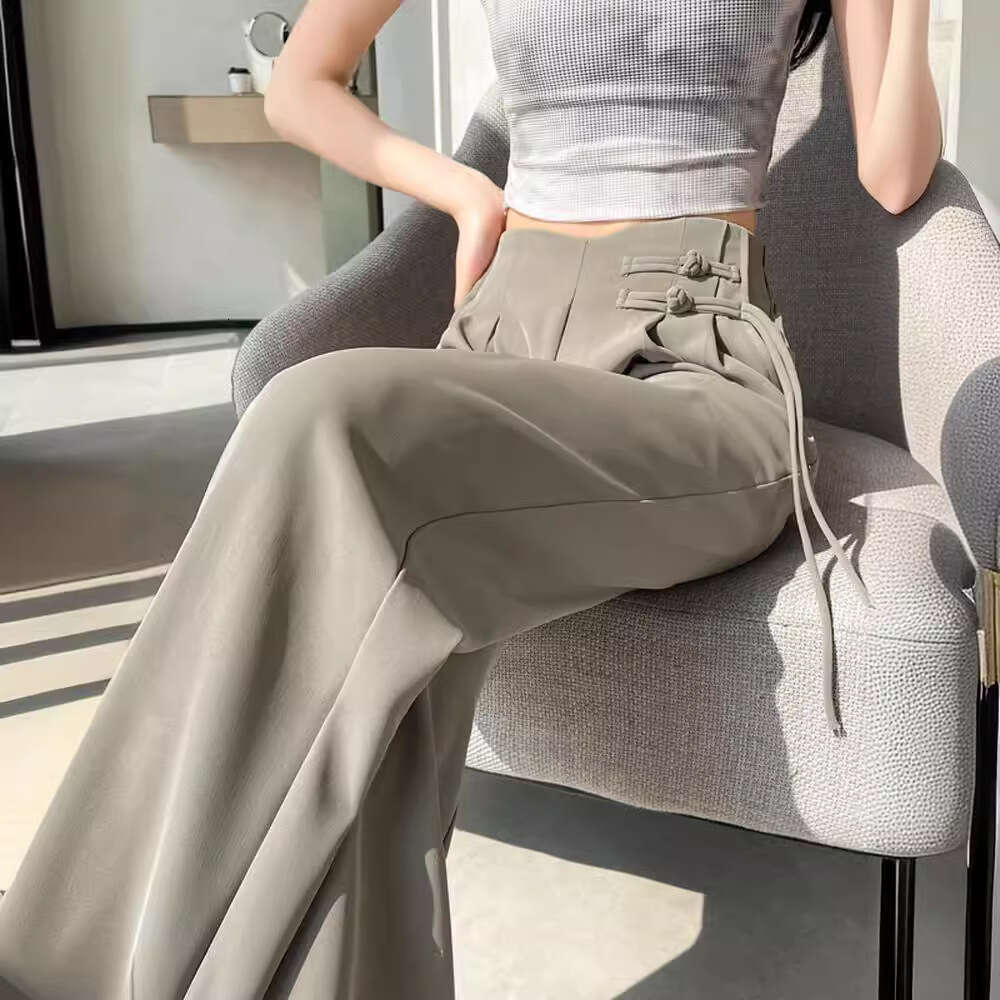Plus Size New Chinese Style Suit Women, Summer Thin Chiffon Wide-Leg Pants, High Waist, Draped Casual Straight Pants For Petite Women B5