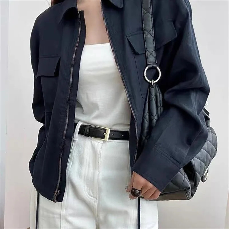 Limiguyue Loose Casual Navy Linen Cargo Short Coat Women Turn Down Collar Long Sleeve Zipper Jacket Korean Pocket Outerwear S596 250709