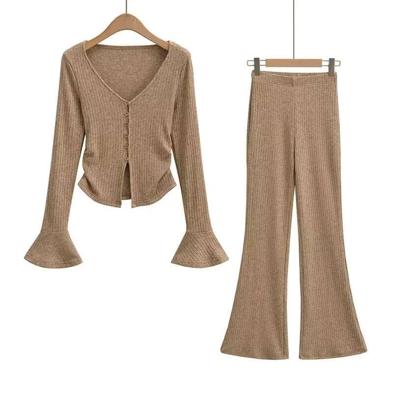 Spicy Girl V-Neck Single-Breasted Sleeve Cardigan Top + High-Waisted Slim Fit Flared Pants Knitted Set For Women B5
