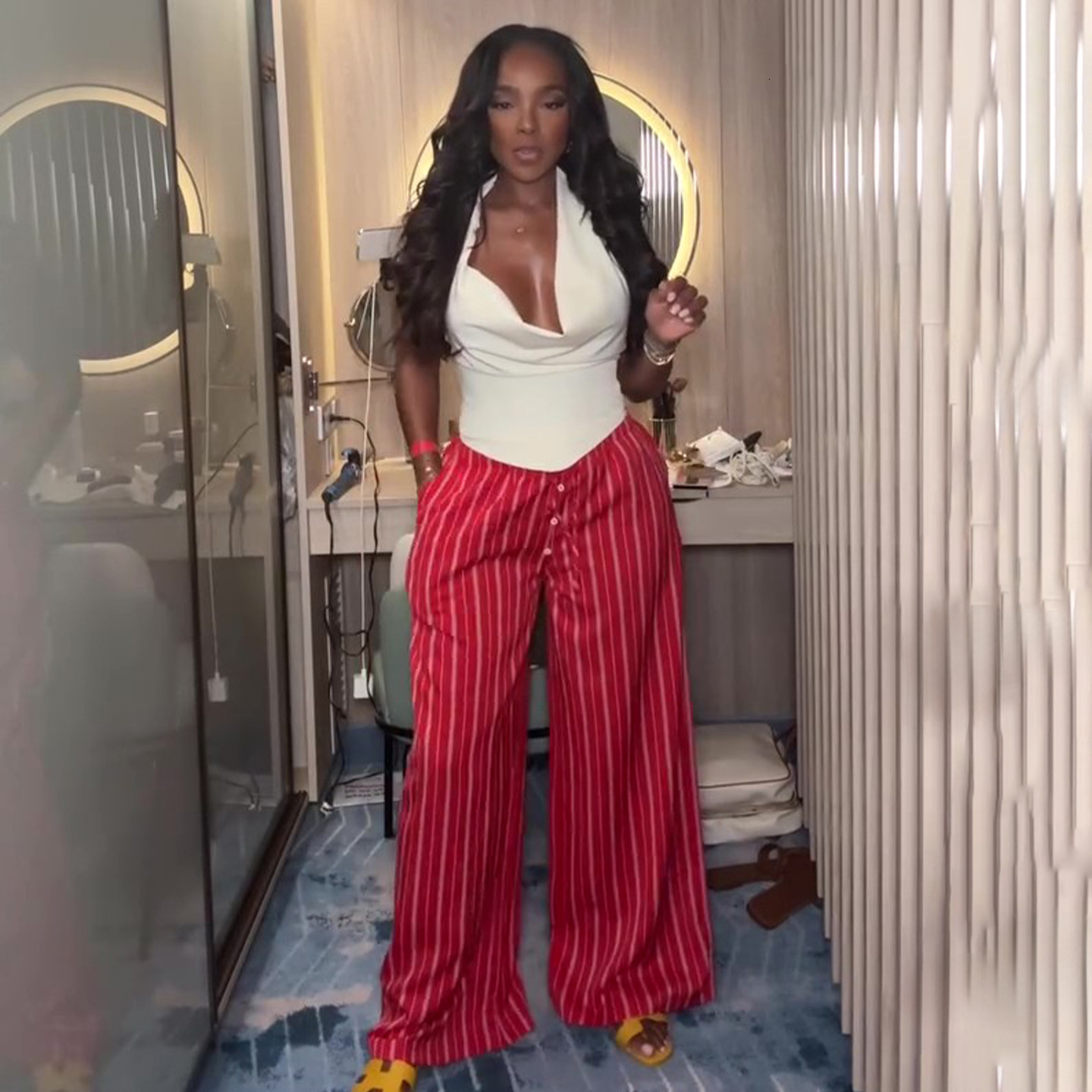 2025 Summer New Sexy Style White Halter Neck Backless High Waist Wide Leg Pants Set