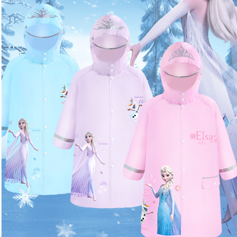 Disney Boys and girls raincoat Elsa princess backpack with large brim reflective strip design for night safety on large raincoat backpack position Com