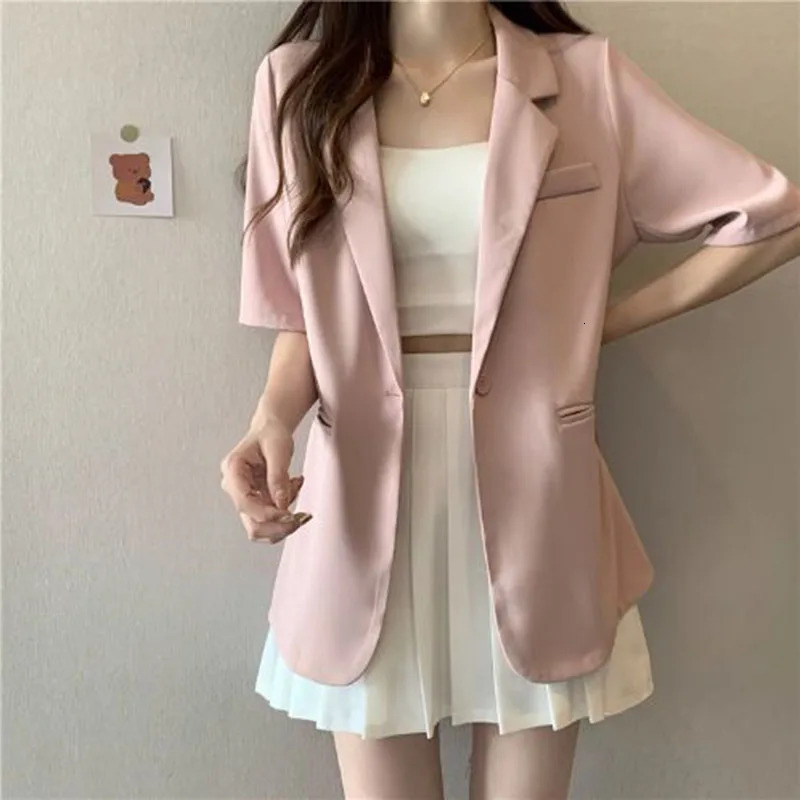 White Shortsleeved Blazer Jacket Women Summer Chic Single Button Notched Collar Outerwear Ladies Korean Loose Office Suit Coat 250709