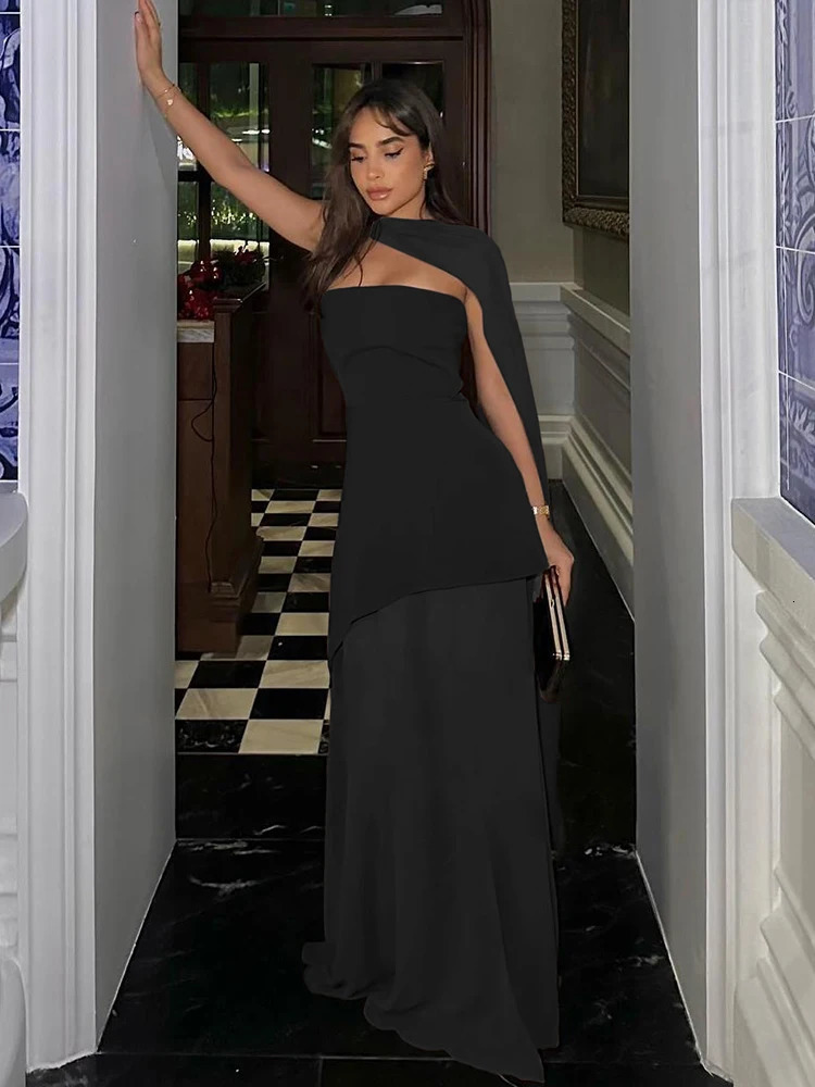 2 Piece Set Halter Shawl Tops Strapless Patchwork Mesh Irregular Dress Summer Matching Outfits 250709