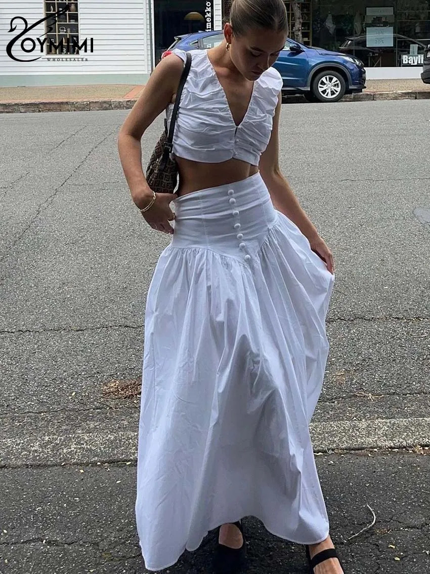 Oymimi Fashion White Cotton Sets Womens 2 Piece Elegant VNeck Sleeveless Crop Tops And Loose Button AnkleLength Skirts Sets 250709