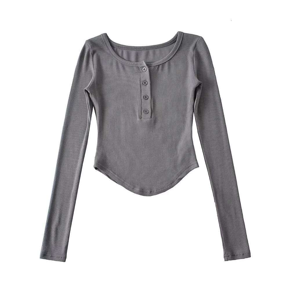 Spicy Girl Half-Button Round Neck Curved Edge Long Sleeve T-Shirt Base Shirt For Women Solid Color Stretch Slim Fit Inner Wear Top B5