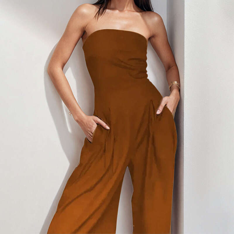 Summer New Women's Fashion Elegant Casual Solid Color Round Neck Slim Straight Jumpsuit B5