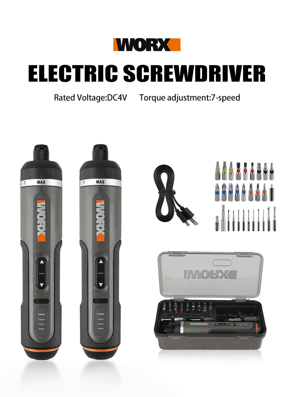 WORX WX242 4V Cordless Electric Screwdriver Kit - Compact Smart Power Tool with Lithium-Ion Battery, USB Rechargeable, 30-Piece Bit Set & Full Drill/D