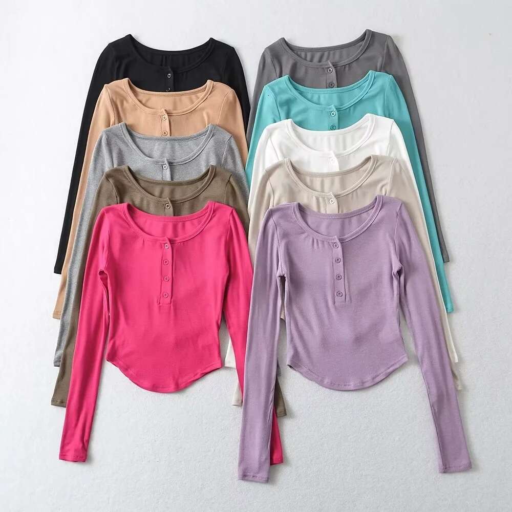 Spicy Girl Half-Button Round Neck Curved Edge Long Sleeve T-Shirt Base Shirt For Women Solid Color Stretch Slim Fit Inner Wear Top B5