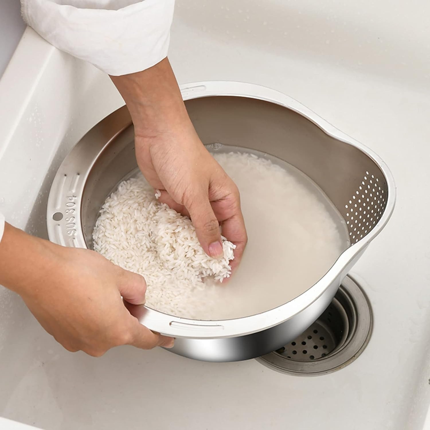 4-in 1 Stainless Steel Rice Washer Strainer Bowl Multi-Purpose Colander for Quinoa, Beans, Fruits Vegetables Side Drain Holes for Effortless Rinsing
