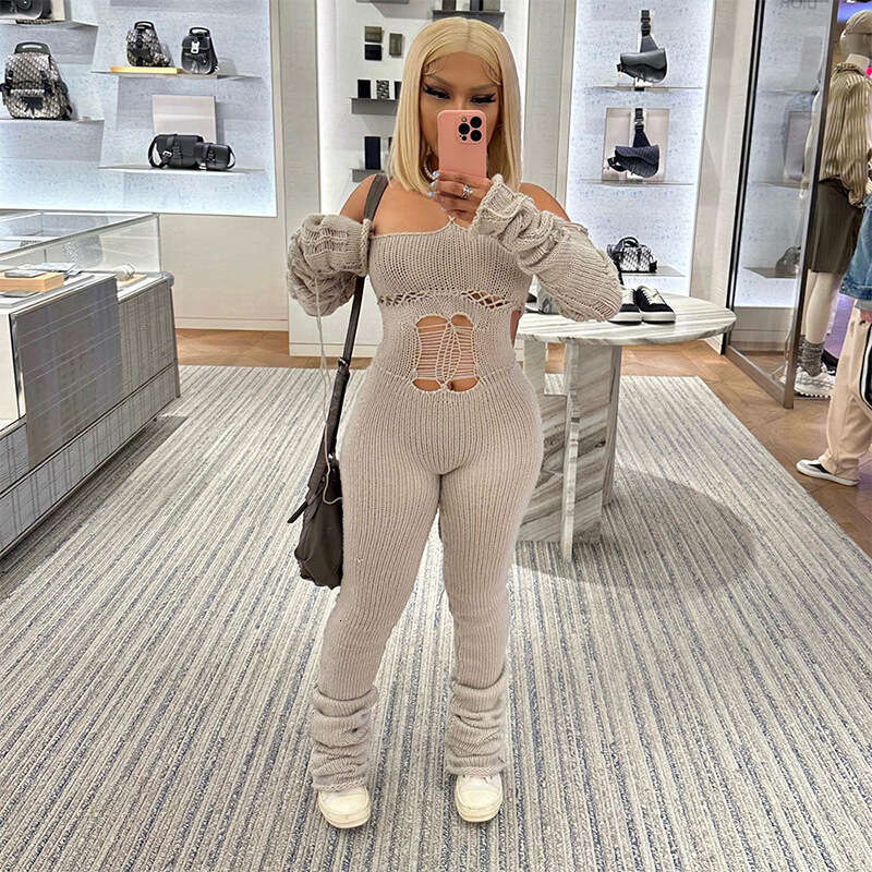 autumn Winter New Woolen Sleeve Cover Halter Lace-Up Hollow Out Jumpsuit Pile Pants B5