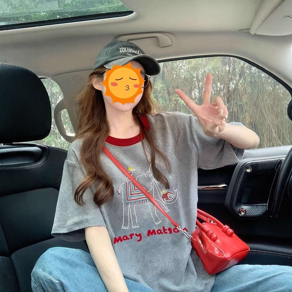 Summer New Korean Style Gray Elephant Short Sleeve T-Shirt For Women, Color-Block, Youthful, Loose Fit, Trendy Top B5