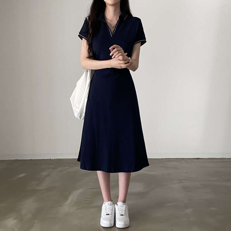 Women's Summer Dress French Style Korean Version Polo Collar Block Trim Waist Slimming Short Sleeve Cotton Solid Color B5