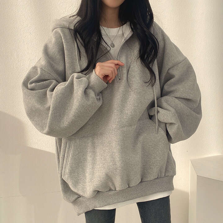 Trendy Pullover Zipper Hoodie For Women, Ins Style, Long Student Loose Fit, Spring Autumn Winter Fleece, Korean Version, Thin Style B5
