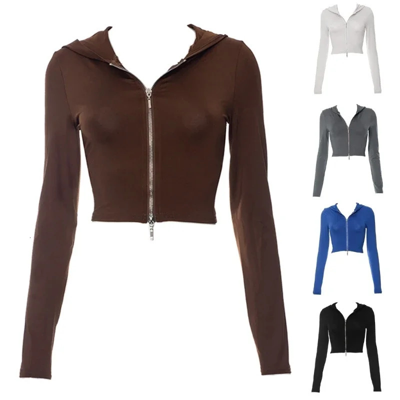 Summer Womens Short Solid Color Hooded Shirt Long Sleeved Tight Fitting Open Navel Zipper Casual Sports Shirt 250709