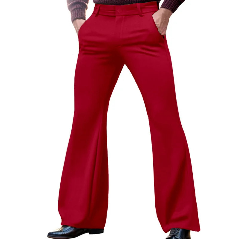 Mens Solid Color Stretch Slim-fit Slash Pocket Business Casual Stylish Bell-bottom Pants 250703