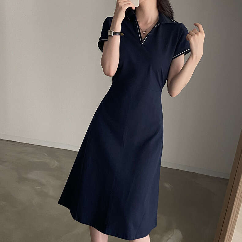 Women's Summer Dress French Style Korean Version Polo Collar Block Trim Waist Slimming Short Sleeve Cotton Solid Color B5