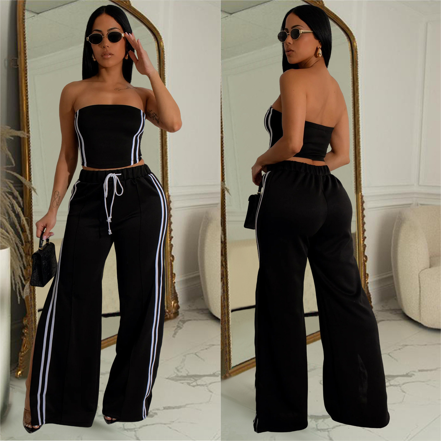 C7056 Summer Womens Outfit Sexy Strapless Top with Draped Straight-Leg Pants Fashion Set