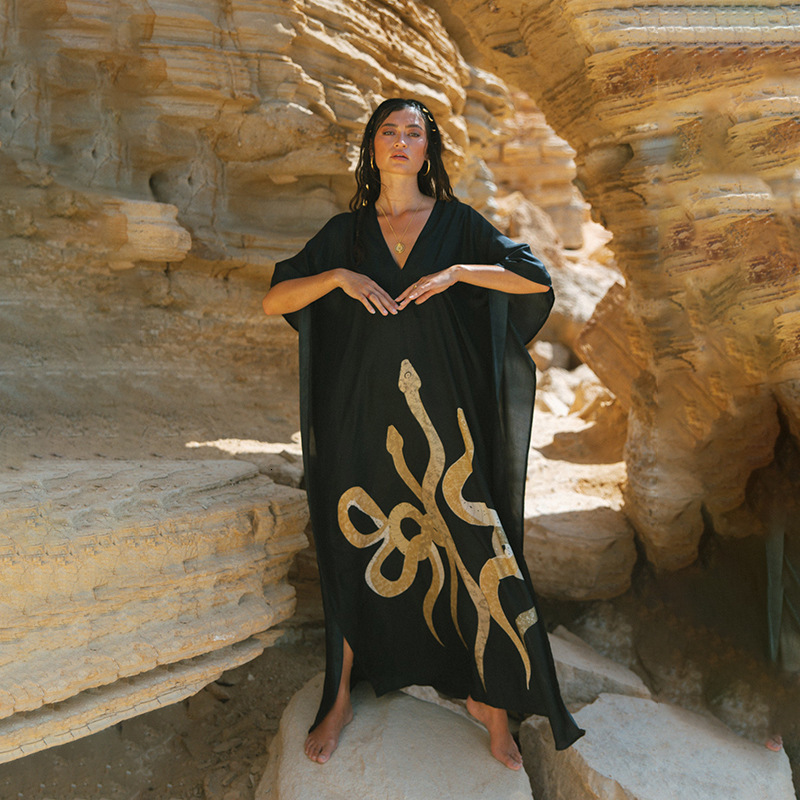2025 Year of the Snake New Beach Dress for Women V-neck Pullover Bikini Cover-up Printed Sun Protection Clothing