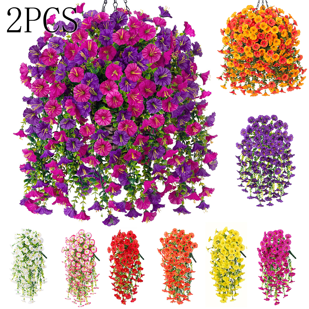2PCS Artificial Hanging Flowers Silk Morning Glory Fake Flower UV Resistant Outdoor Hanging Plants for Wedding Home Garden Decor