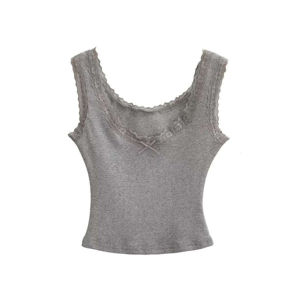 Summer Hot Girl Low Round Neck Lace Trim Bowknot Tank Top Women Short Elastic Slim Fit Sleeveless Camisole B5
