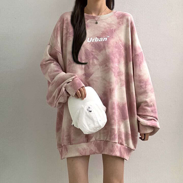 Cotton Tie-Dye Sweatshirt For Women, Loose Korean Style Top, Versatile Student Letter Print, Spring And Autumn Mid-Length Coat B5